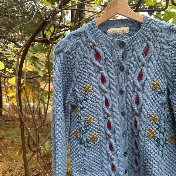 Blue Cable Knit Embroidered Cardigan Sweater - Picture 2 of 11